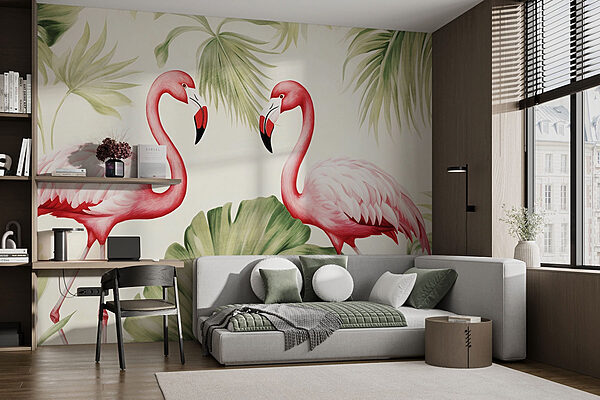 Paar roze flamingo's met groene bladeren Fotobehang Paar roze flamingo's met groene bladeren