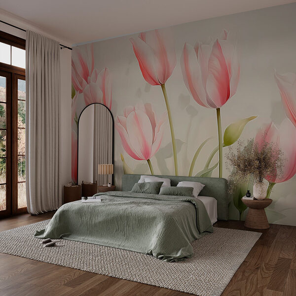 Groep roze bloemen Fotobehang Groep roze bloemen