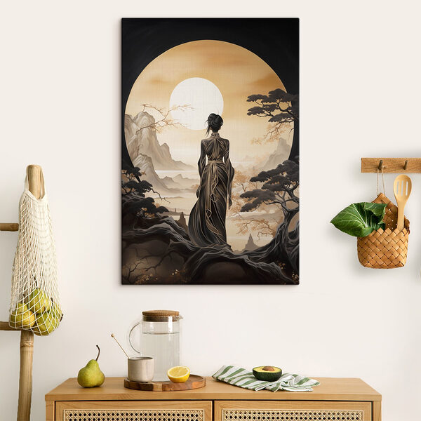 Vrouw in een lange jurk kijkt naar de zon Canvas Schilderijen Vrouw in een lange jurk kijkt naar de zon