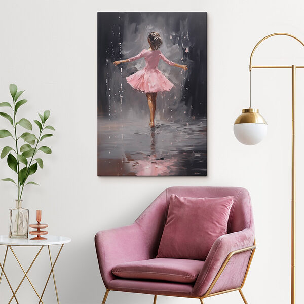 Schilderij van een meisje in een roze jurk dansend in de regen Canvas Schilderijen Schilderij van een meisje in een roze jurk dansend in de regen