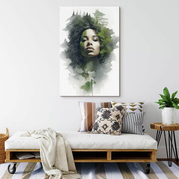 Vrouw met groene bladeren op haar gezicht Canvas Schilderijen Vrouw met groene bladeren op haar gezicht