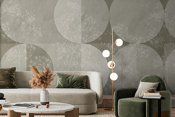 Grijze en witte achtergrond met cirkels en bloemen Fotobehang Grijze en witte achtergrond met cirkels en bloemen