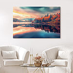 Canvas Schilderijen Meer met bomen en wolken in de lucht