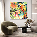 Canvas Schilderijen Schilderij van een papegaai op een tak met bloemen