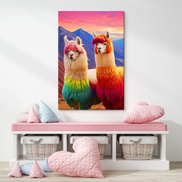 Twee lama's met regenboogkleurig haar Canvas Schilderijen Twee lama's met regenboogkleurig haar