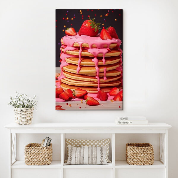 Stapel pannenkoeken met roze glazuur en aardbeien Canvas Schilderijen Stapel pannenkoeken met roze glazuur en aardbeien