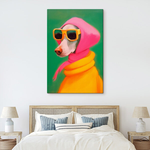 Hond met roze sjaal en zonnebril Canvas Schilderijen Hond met roze sjaal en zonnebril