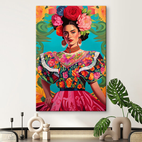 Vrouw die een kleurrijke jurk draagt met bloemen in haar haar Canvas Schilderijen Vrouw die een kleurrijke jurk draagt met bloemen in haar haar