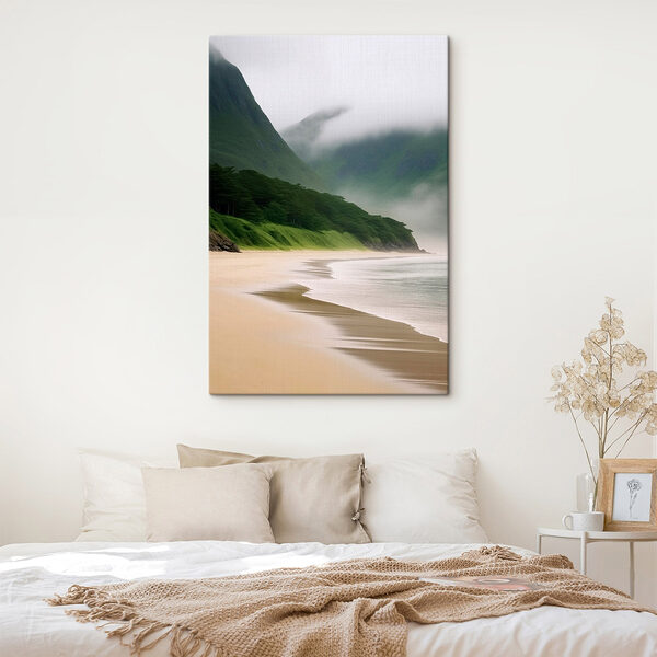 Strand met bomen en bergen Canvas Schilderijen Strand met bomen en bergen
