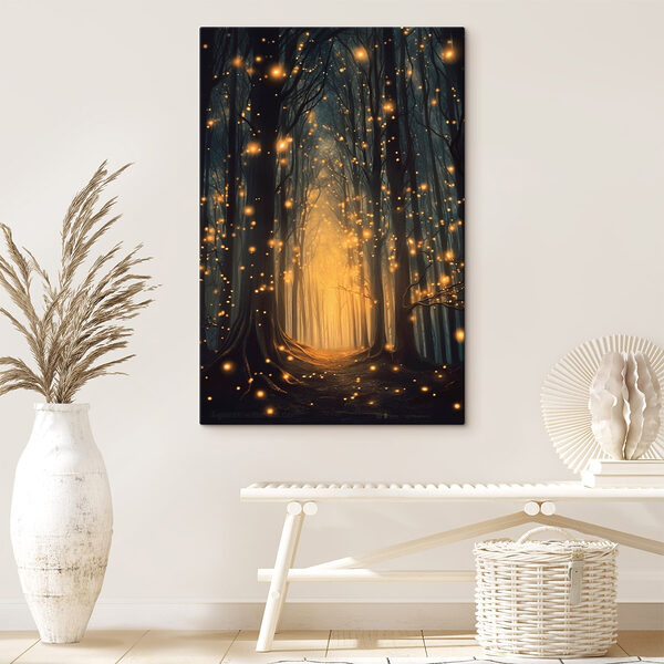 Pad door een bos met veel bomen met lichtjes Canvas Schilderijen Pad door een bos met veel bomen met lichtjes