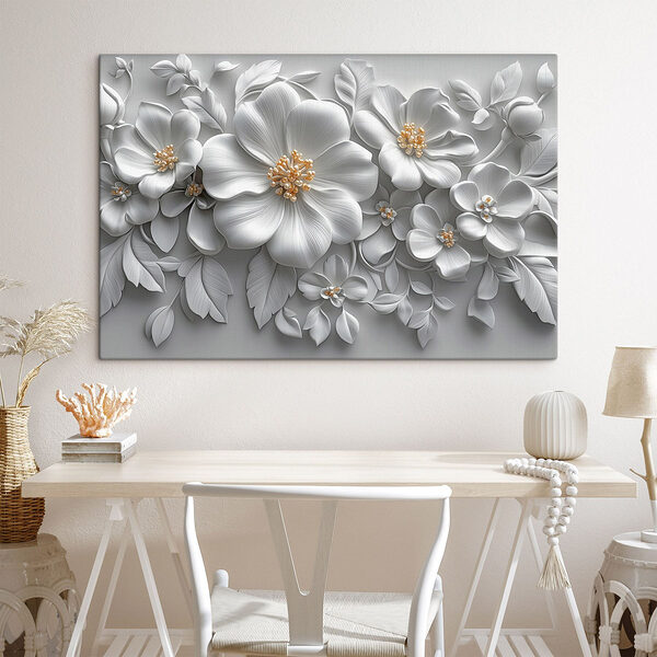 Witte bloemen en bladeren Canvas Schilderijen Witte bloemen en bladeren