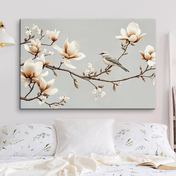 Vogel op een tak met bloemen Canvas Schilderijen Vogel op een tak met bloemen