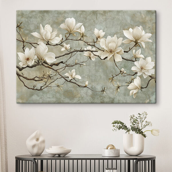 Witte bloemen aan een tak Canvas Schilderijen Witte bloemen aan een tak