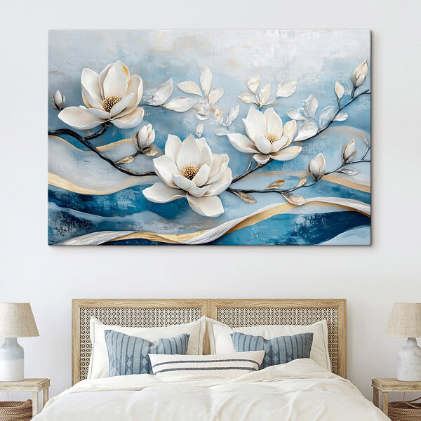 Witte bloemen op een blauwe achtergrond Canvas Schilderijen Witte bloemen op een blauwe achtergrond