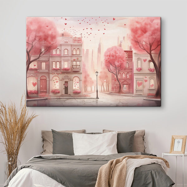 Roze bomen met hartjes die uit de lucht vallen Canvas Schilderijen Roze bomen met hartjes die uit de lucht vallen