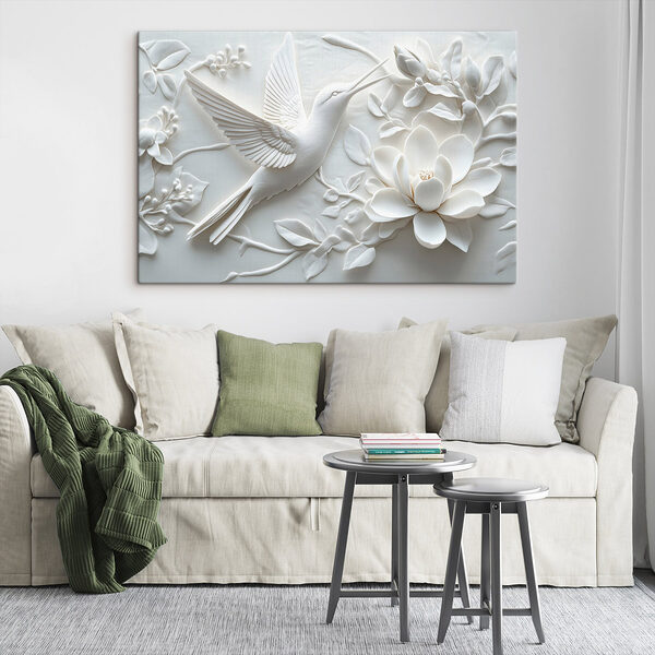 Witte vogel en bloem Canvas Schilderijen Witte vogel en bloem