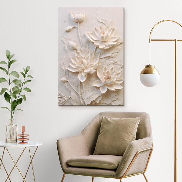 Snijwerk van witte bloemen op een muur Canvas Schilderijen Snijwerk van witte bloemen op een muur