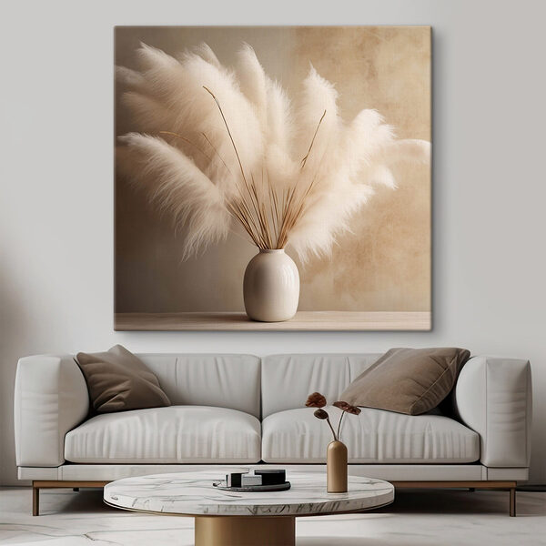Witte vaas met pluizige bloemen Canvas Schilderijen Witte vaas met pluizige bloemen