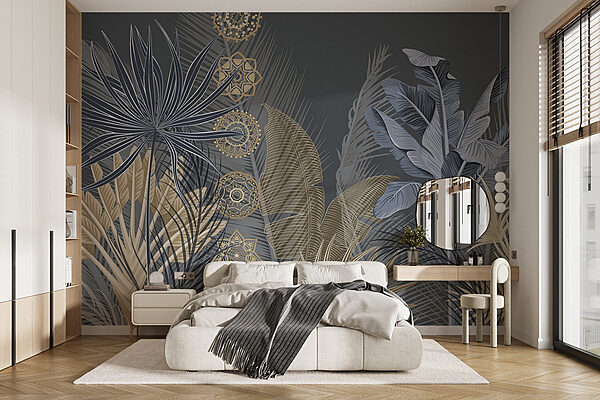 Sereen botanisch ontwerp op donkere achtergrond Fotobehang Sereen botanisch ontwerp op donkere achtergrond