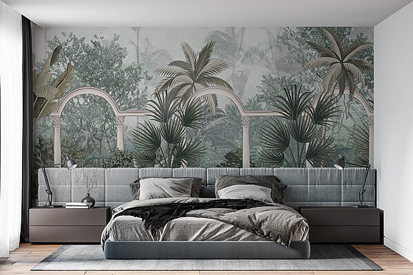 Behang met palmbomen en een balkon Fotobehang Behang met palmbomen en een balkon