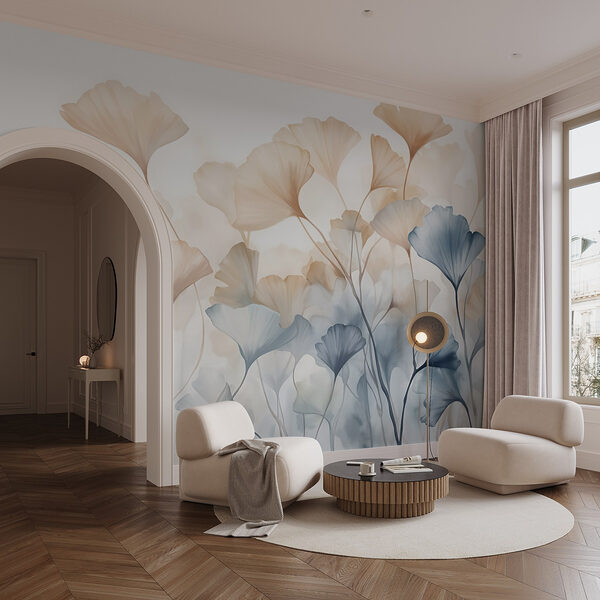 Fotobehang Schilderij van bloemen met bladeren (Artikelnummer: w08917) Fotobehang Fotobehang Schilderij van bloemen met bladeren (Artikelnummer: w08917)