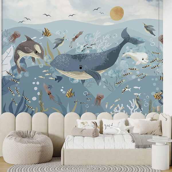 Fotobehang Groep vissen en walvissen zwemmend in de oceaan