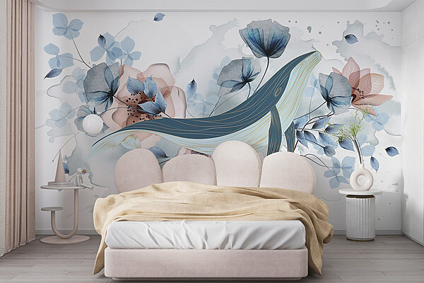 Walvis met bloemen en bladeren Fotobehang Walvis met bloemen en bladeren