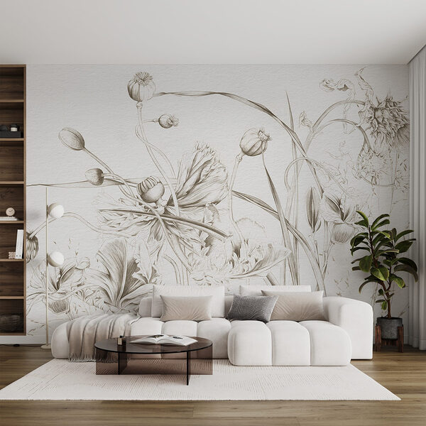 Tekening van bloemen en bladeren Fotobehang Tekening van bloemen en bladeren
