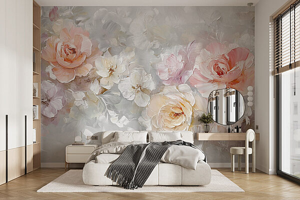 Schilderij van bloemen op een wit oppervlak Fotobehang Schilderij van bloemen op een wit oppervlak