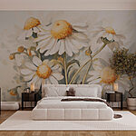 Fotobehang Schilderij van witte en gele bloemen