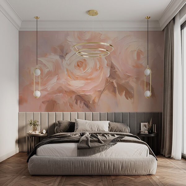 Schilderij van bloemen op een wit oppervlak Fotobehang Schilderij van bloemen op een wit oppervlak