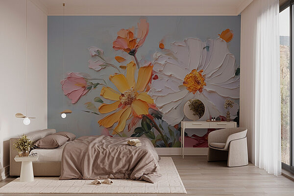Schilderij van bloemen op een wit oppervlak Fotobehang Schilderij van bloemen op een wit oppervlak