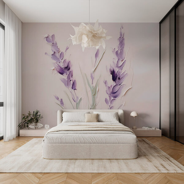 Schilderij van paarse bloemen Fotobehang Schilderij van paarse bloemen