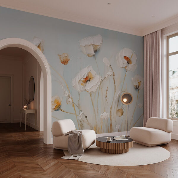 Schilderij van bloemen op een muur Fotobehang Schilderij van bloemen op een muur