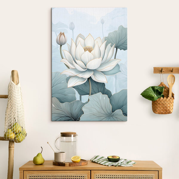 Witte bloem met groene bladeren Canvas Schilderijen Witte bloem met groene bladeren