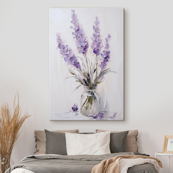 Schilderij van paarse bloemen in een glazen vaas Canvas Schilderijen Schilderij van paarse bloemen in een glazen vaas