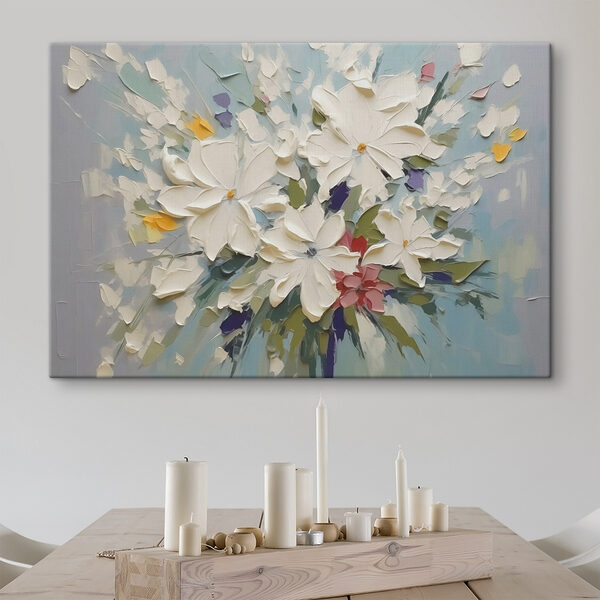Schilderij van bloemen op een blauw oppervlak Canvas Schilderijen Schilderij van bloemen op een blauw oppervlak