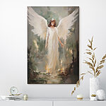 Canvas Schilderijen Schilderij van een vrouw in een witte jurk met vleugels