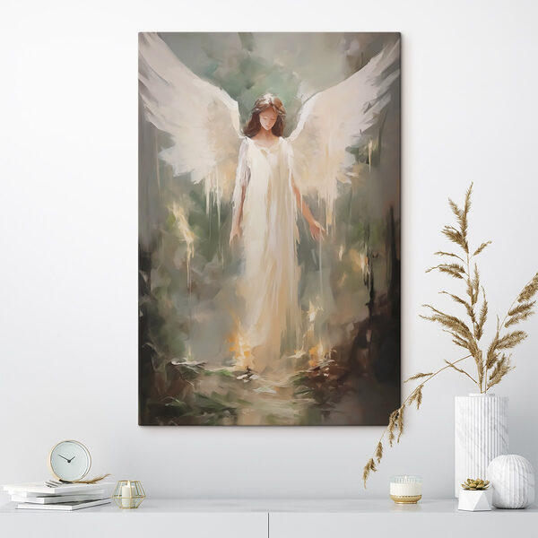 Schilderij van een vrouw in een witte jurk met vleugels Canvas Schilderijen Schilderij van een vrouw in een witte jurk met vleugels