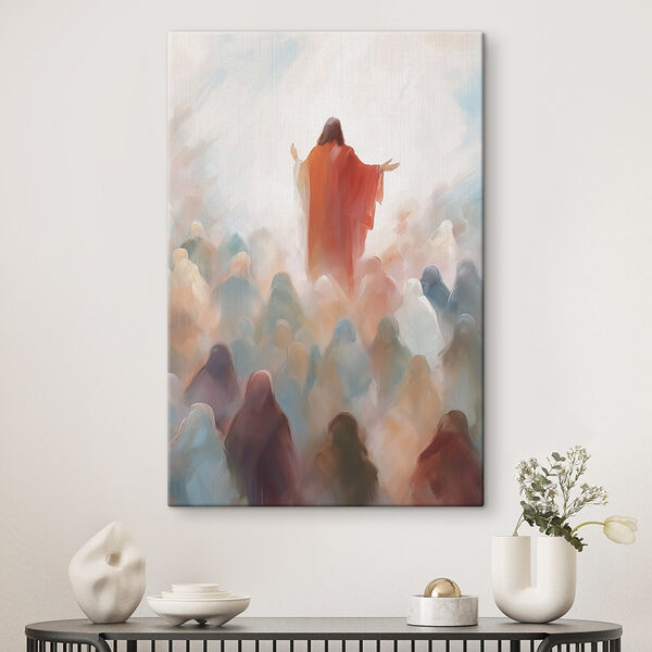 Schilderij van een man in een rood gewaad omringd door een groep mensen Canvas Schilderijen Schilderij van een man in een rood gewaad omringd door een groep mensen
