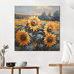 Canvas Schilderijen Schilderij van zonnebloemen in een veld