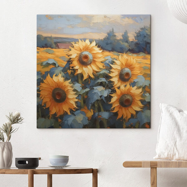 Schilderij van zonnebloemen in een veld Canvas Schilderijen Schilderij van zonnebloemen in een veld