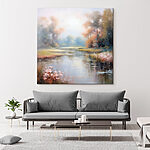 Canvas Schilderijen Schilderij van een rivier met bomen en gras