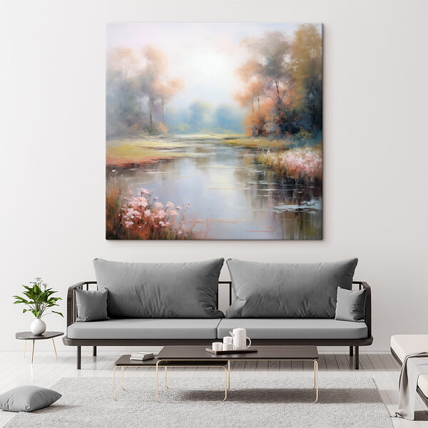 Schilderij van een rivier met bomen en gras Canvas Schilderijen Schilderij van een rivier met bomen en gras