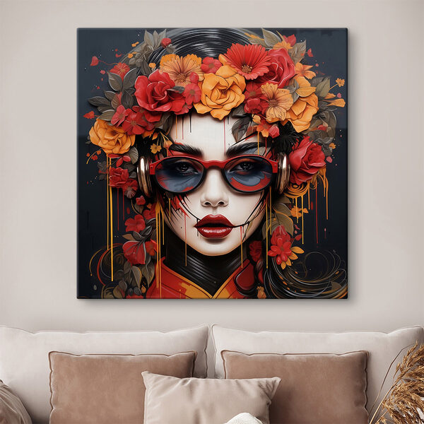 Vrouw met bloemen in haar haar en bril Canvas Schilderijen Vrouw met bloemen in haar haar en bril