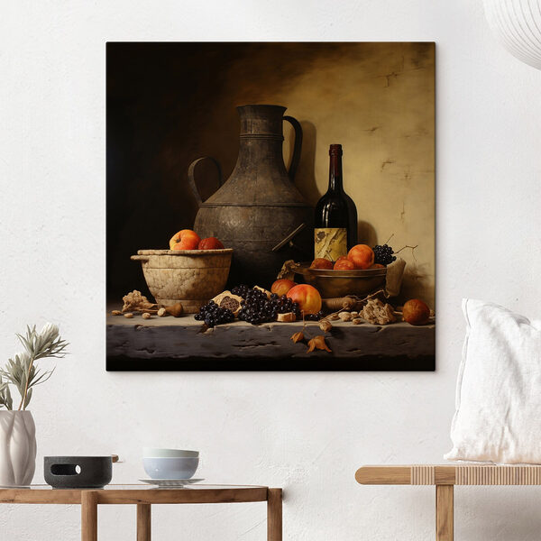 Stilleven met fruit en een fles Canvas Schilderijen Stilleven met fruit en een fles