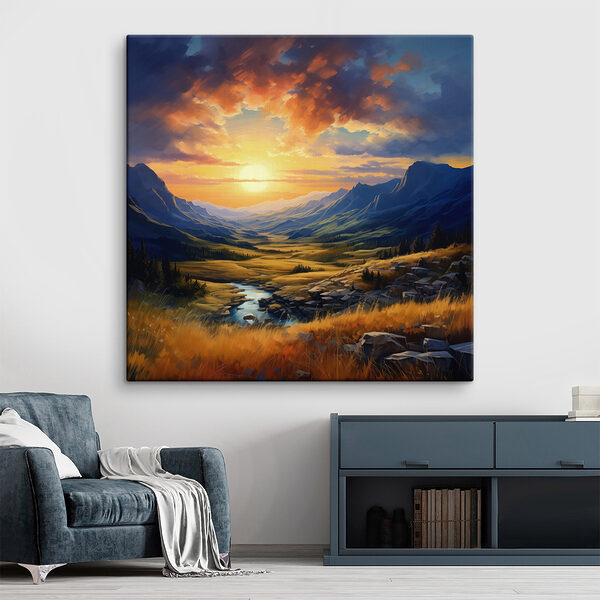 Landschap met een rivier en bergen Canvas Schilderijen Landschap met een rivier en bergen