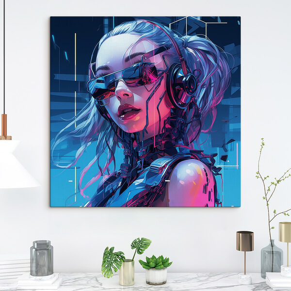 Vrouw met koptelefoon en zonnebril Canvas Schilderijen Vrouw met koptelefoon en zonnebril