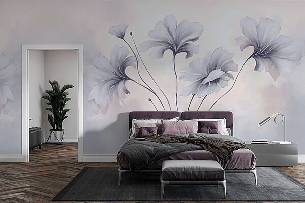 Schilderij van bloemen op een witte achtergrond Fotobehang Schilderij van bloemen op een witte achtergrond