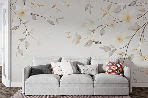 Wit en bruin bloemmotief Fotobehang Wit en bruin bloemmotief